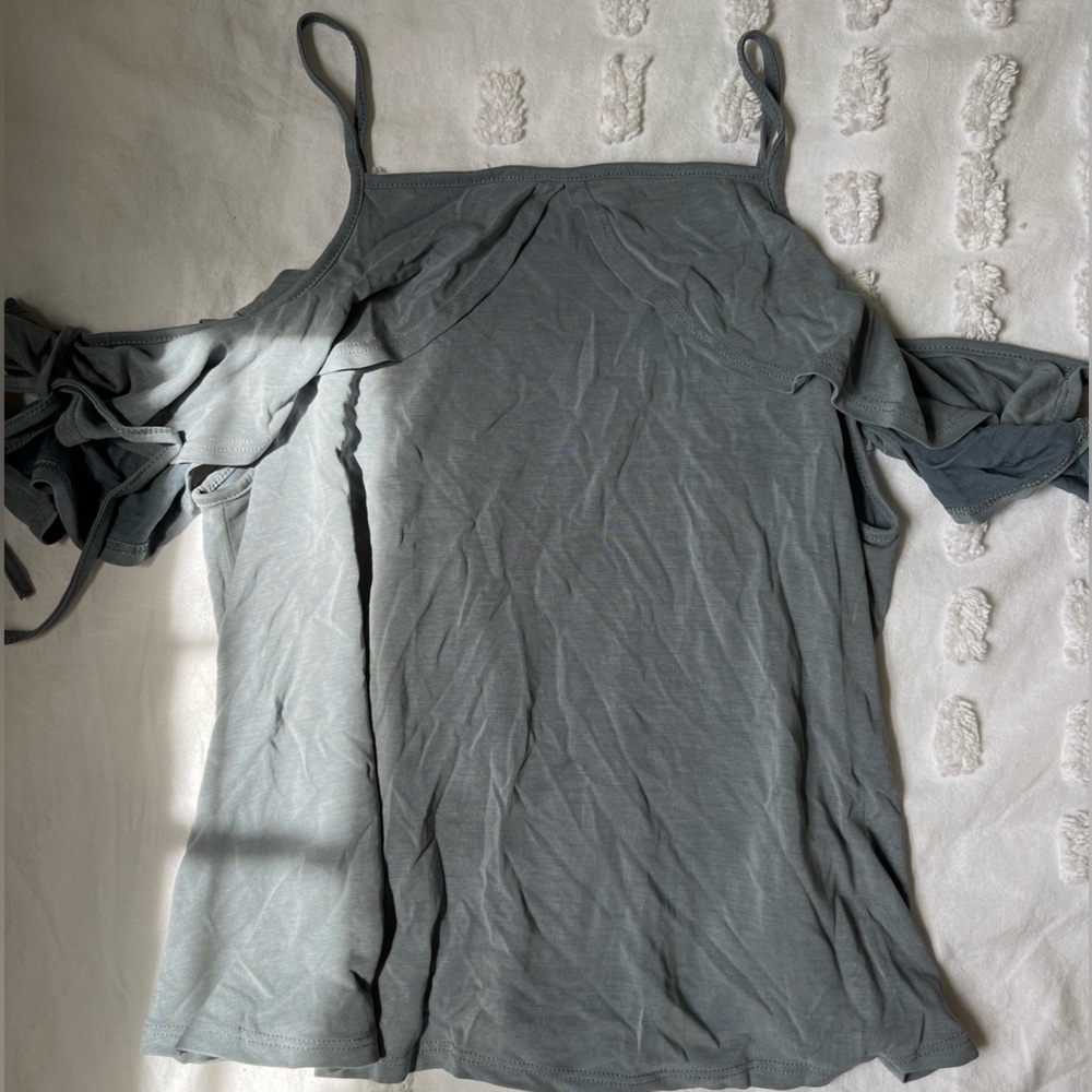 size ~ S , color ~ grayish/bluish , off the shoulder top